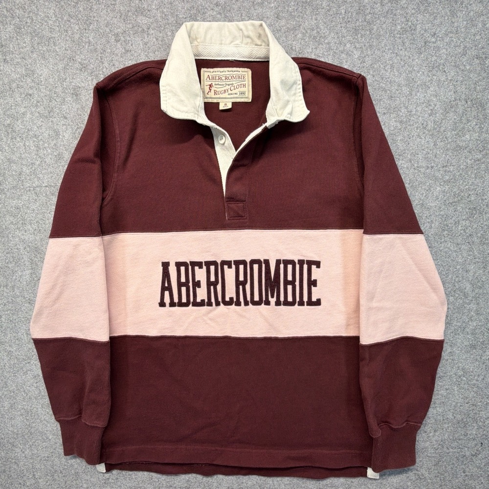 Vintage Abercrombie & Fitch Long‎ Sleeve Rugby Shirt Maroon Pink Size Small Y2K